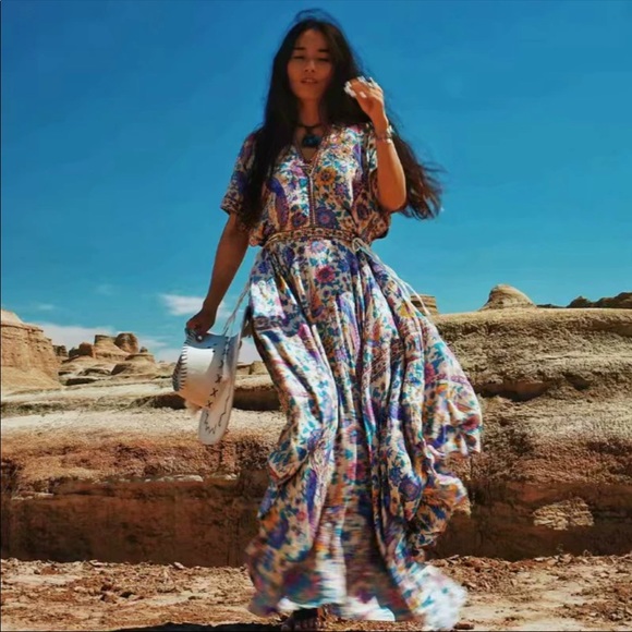 Boho Floral Bird Gypsy Print Maxi Long Dress - Picture 6 of 15